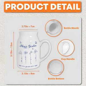 Personalized mom flower vase in white with blue floral design and love grows here inscription