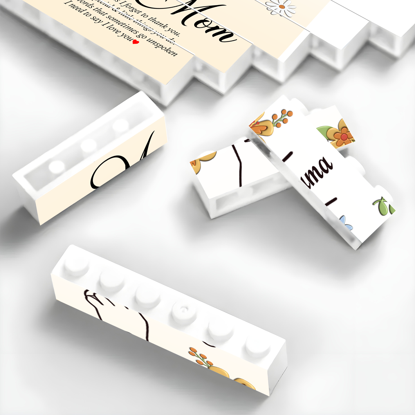 Personalized mom jigsaw puzzle pieces with floral designs and heartfelt messages for family bonding