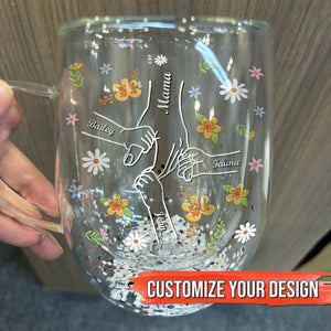 Personalized mom mug featuring floral design and hands holding names for a unique gift