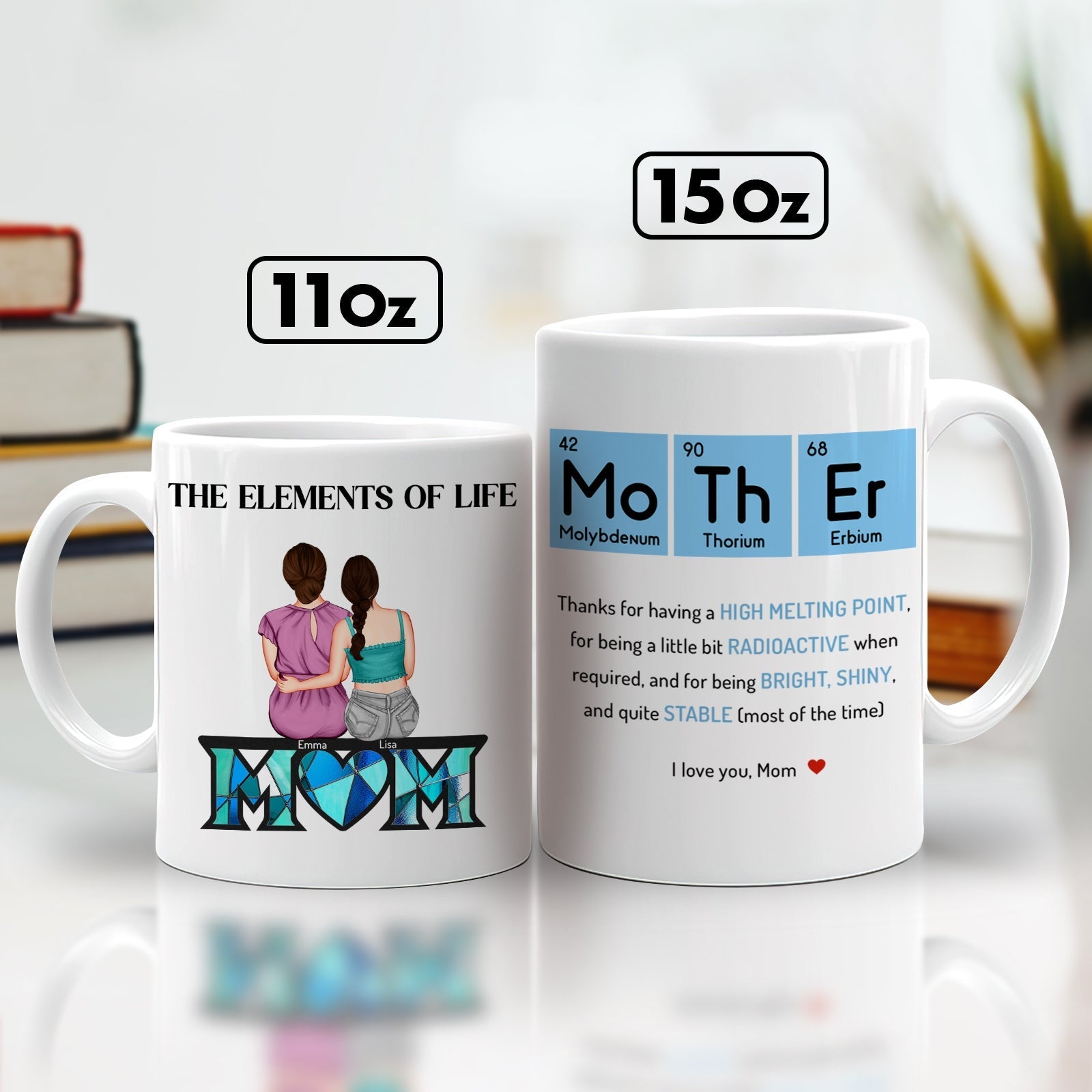 Personalized mom mug set with 11 oz and 15 oz sizes featuring meaningful designs and heartfelt text