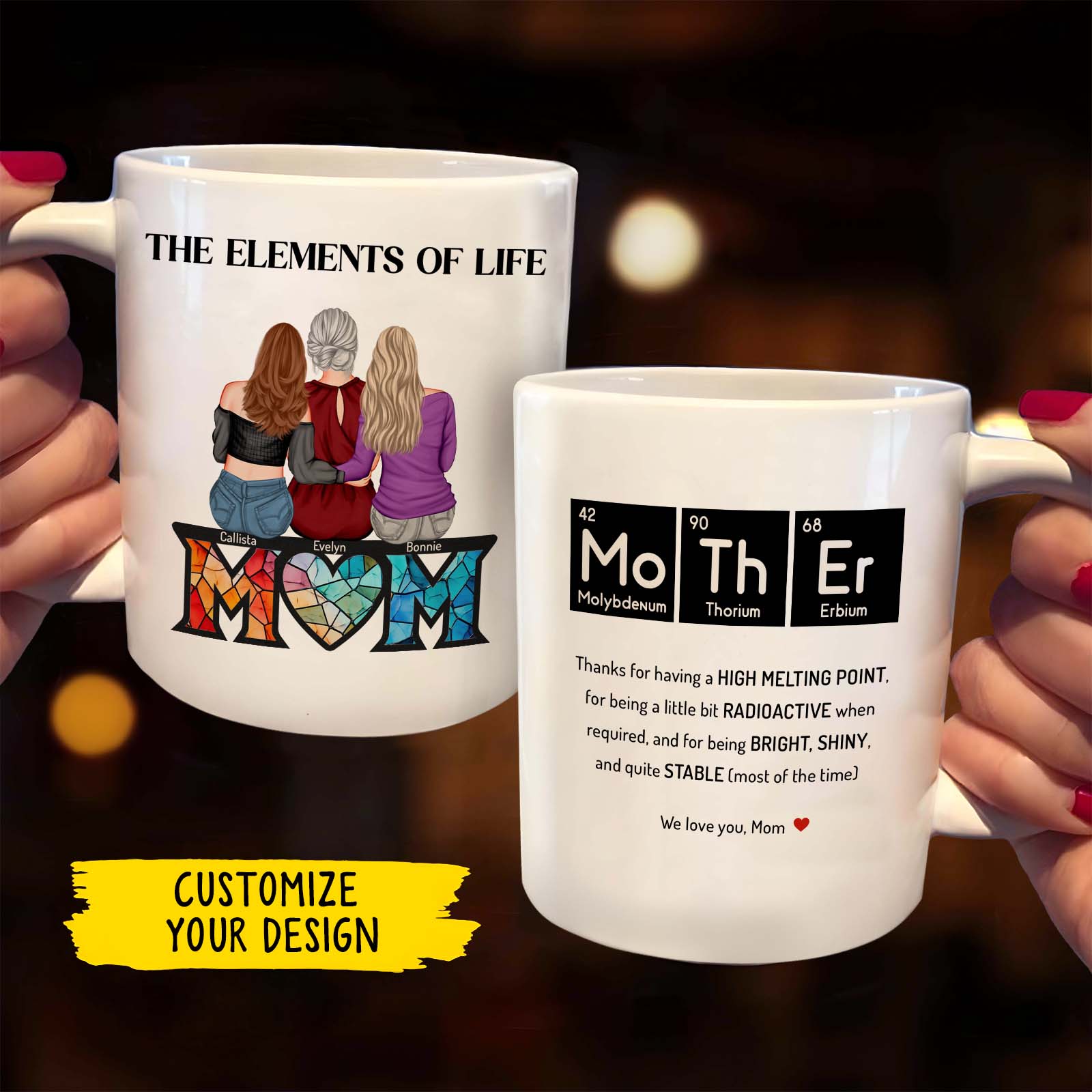 Personalized mom mug featuring colorful elements and custom design options for a unique gift