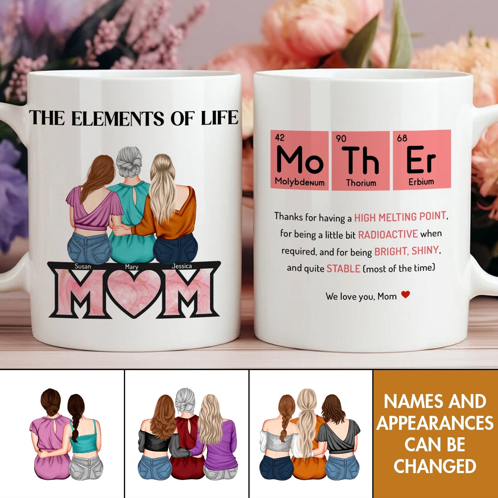 Personalized mom mug featuring custom names and a loving tribute to motherhood with chemistry elements