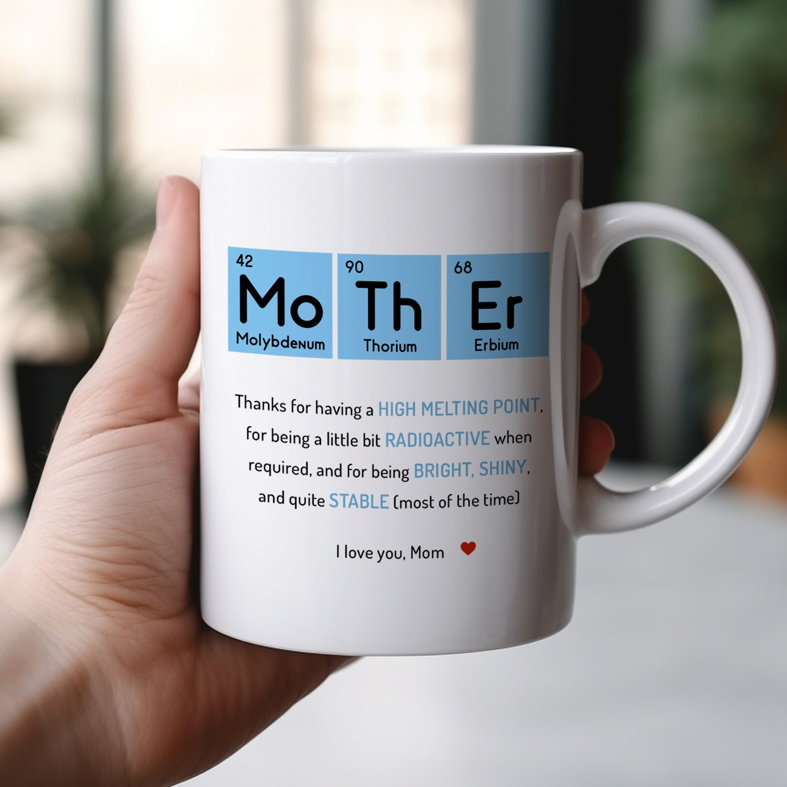 Personalized mom mug featuring a chemistry-themed design that expresses love and appreciation
