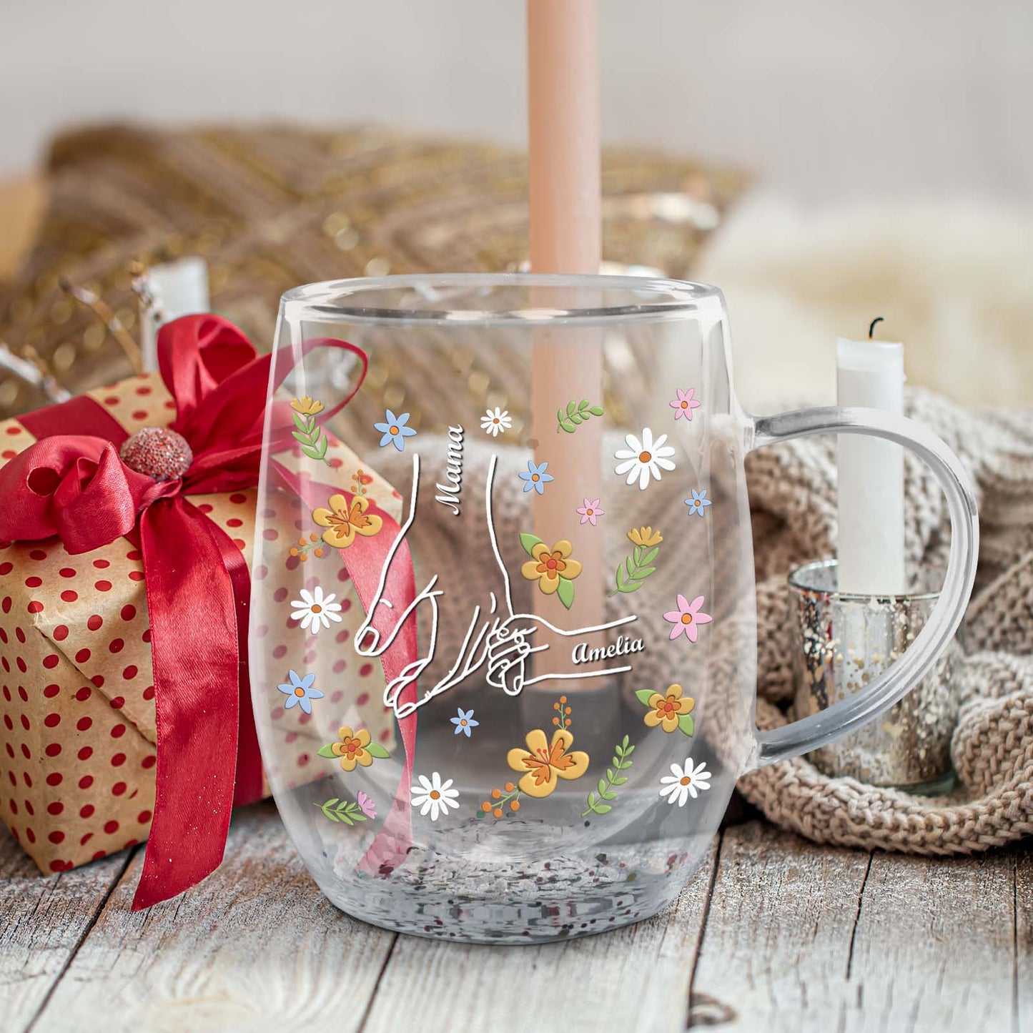 Personalized mom mug featuring colorful floral designs and custom names for a special gift