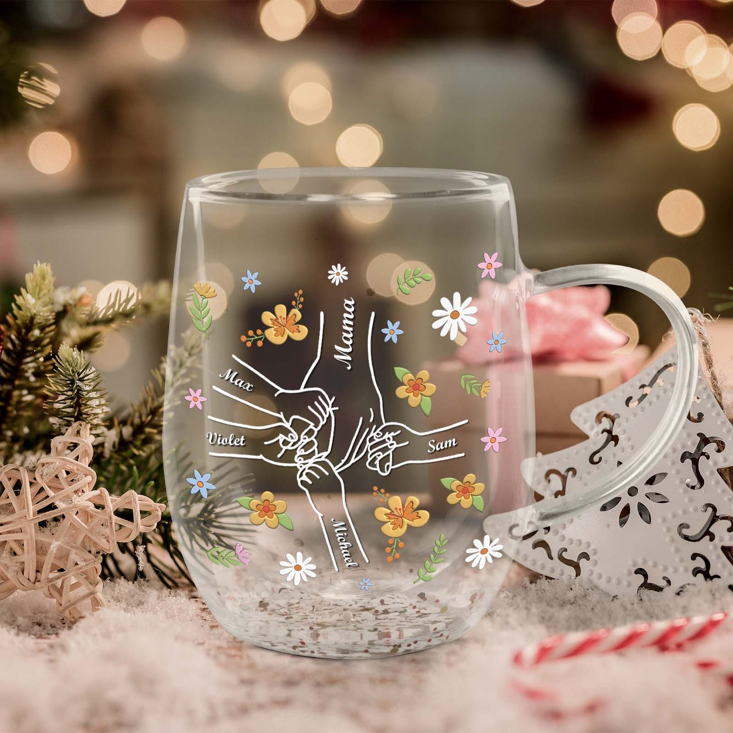 Personalized mom mug with floral designs and custom names for a heartfelt gift