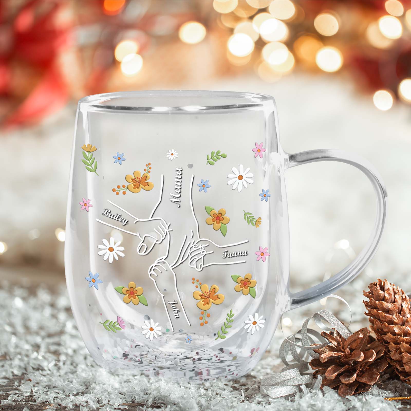 Personalized mom mug featuring floral design and family hand illustrations for special occasions