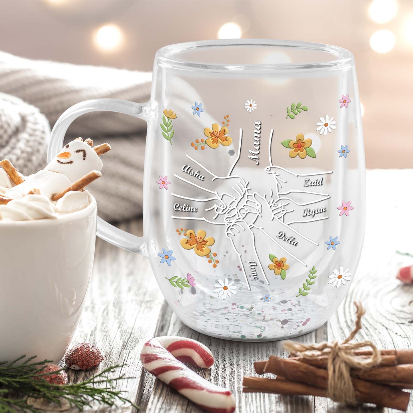 Personalized mom mug decorated with floral designs and family names, perfect for gifting