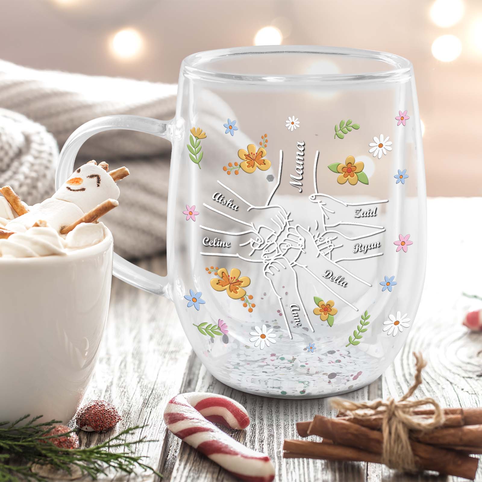 Personalized mom mug decorated with floral designs and family names, perfect for gifting