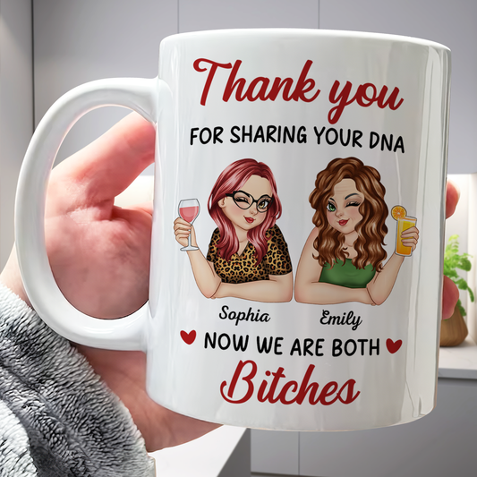Personalized mom mug featuring custom illustrations and a funny thank you message for friends
