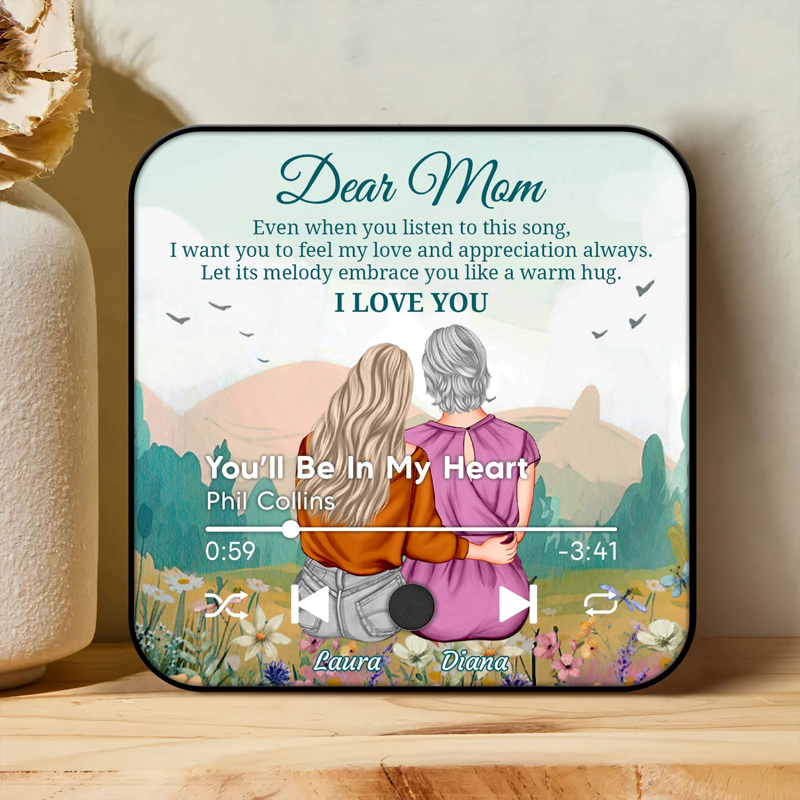 Personalized mom refrigerator magnet featuring a heartfelt message and design with two figures embracing