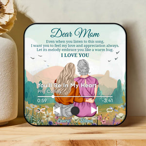 Personalized mom refrigerator magnet featuring a heartfelt message and design with two figures embracing