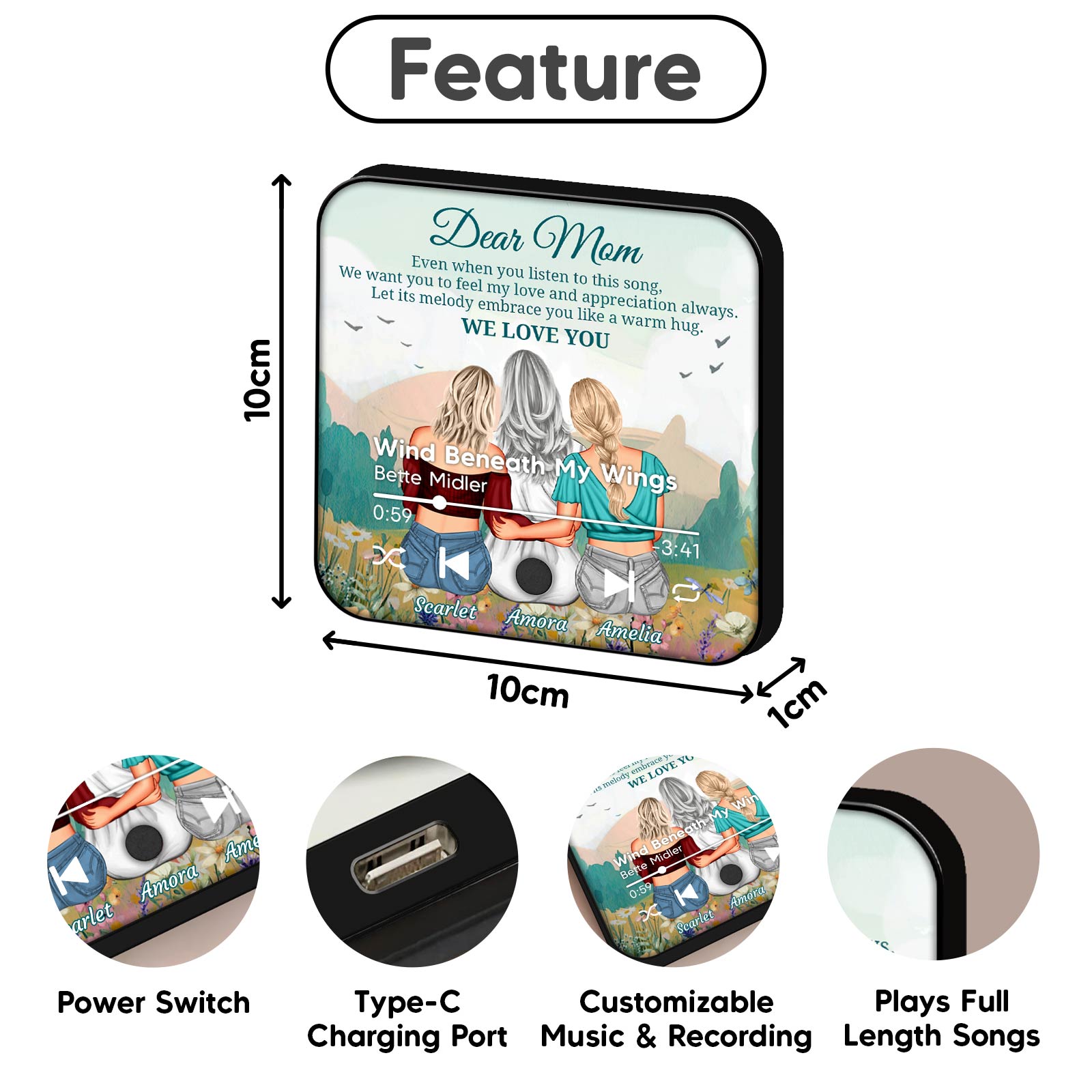 Personalized mom refrigerator magnet with music play button and customizable recording features