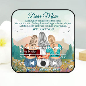 Personalized mom refrigerator magnet featuring three girls and a heartfelt message about love