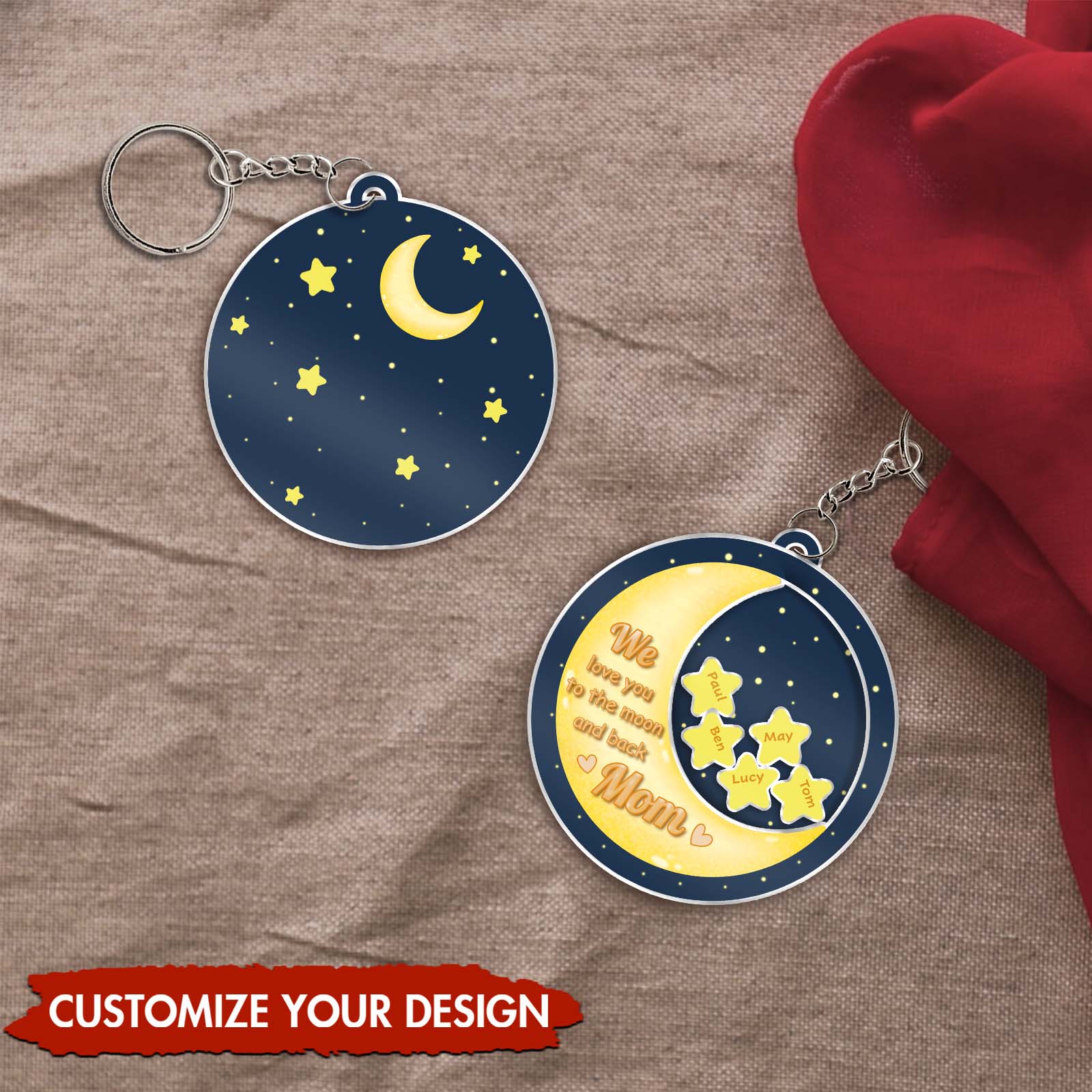 Personalized mom shaking keychain with moon and star design, perfect for gifts