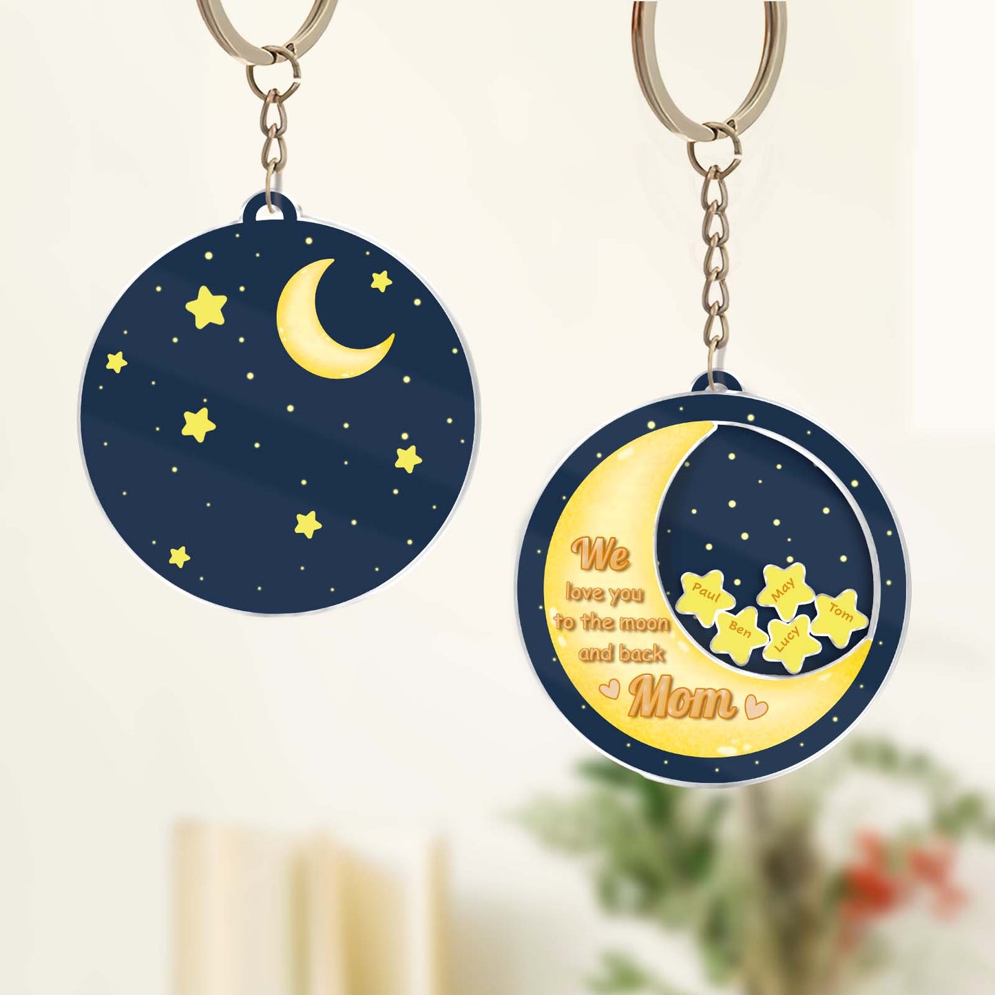 Personalized mom shaking keychain featuring stars and moon with heartfelt message for mothers