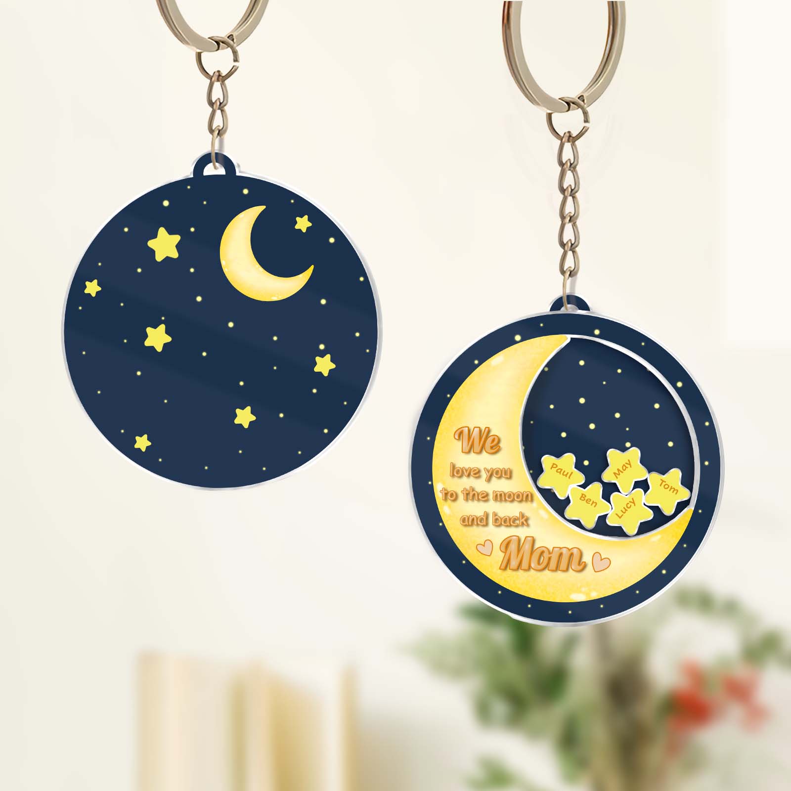 Personalized mom shaking keychain featuring stars and moon with heartfelt message for mothers