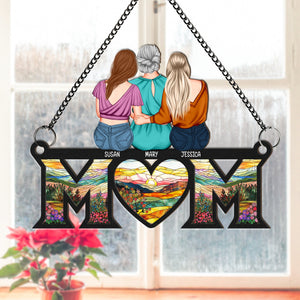 Personalized mom suncatcher ornament featuring three women with names and colorful stained glass design