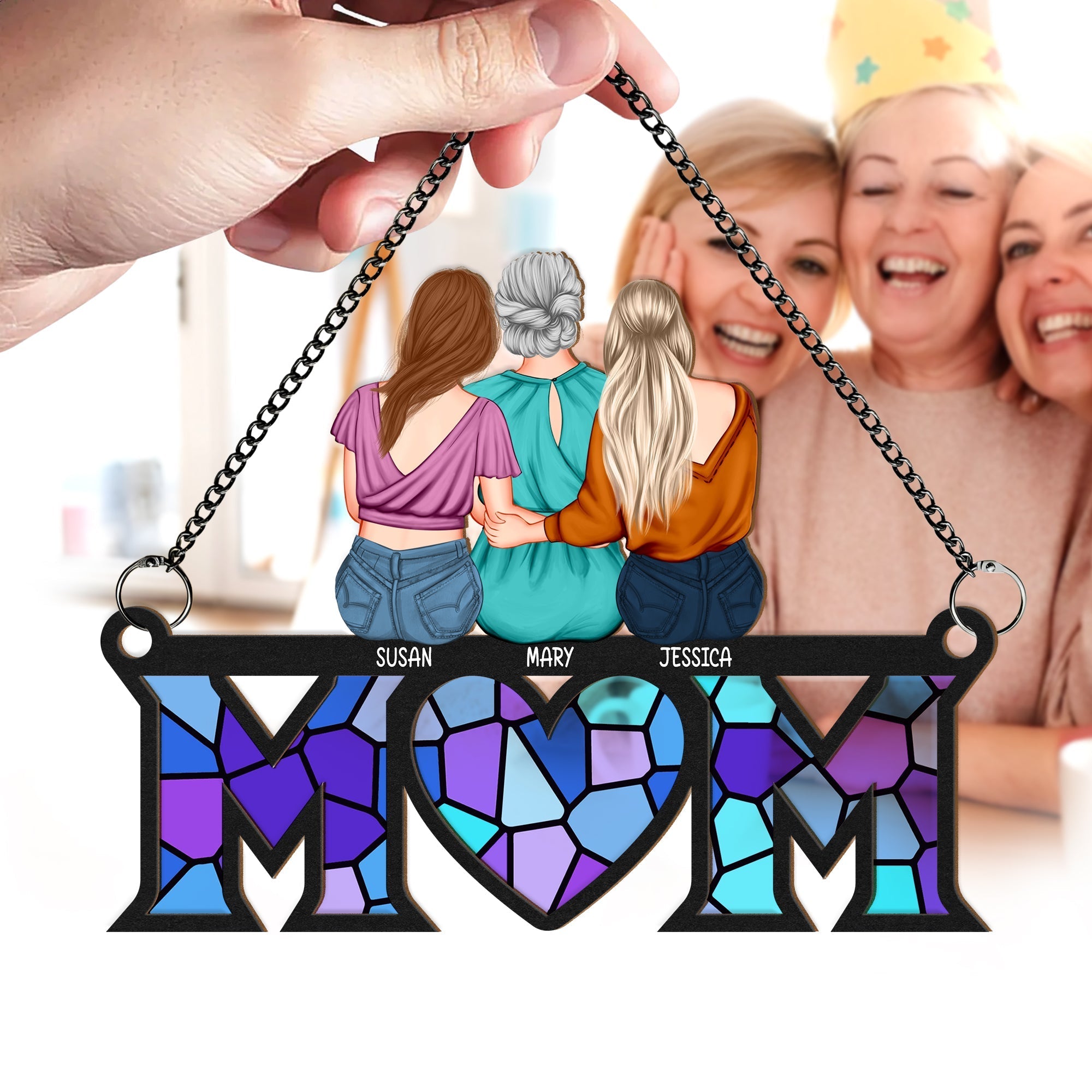 Personalized mom suncatcher ornament featuring colorful stained glass design with names