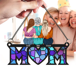 Personalized mom suncatcher ornament featuring colorful stained glass design with names