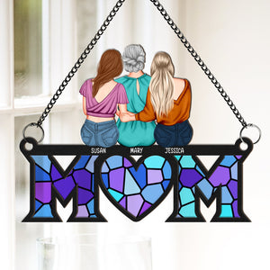 Personalized mom suncatcher ornament featuring a colorful mosaic design with heart shape