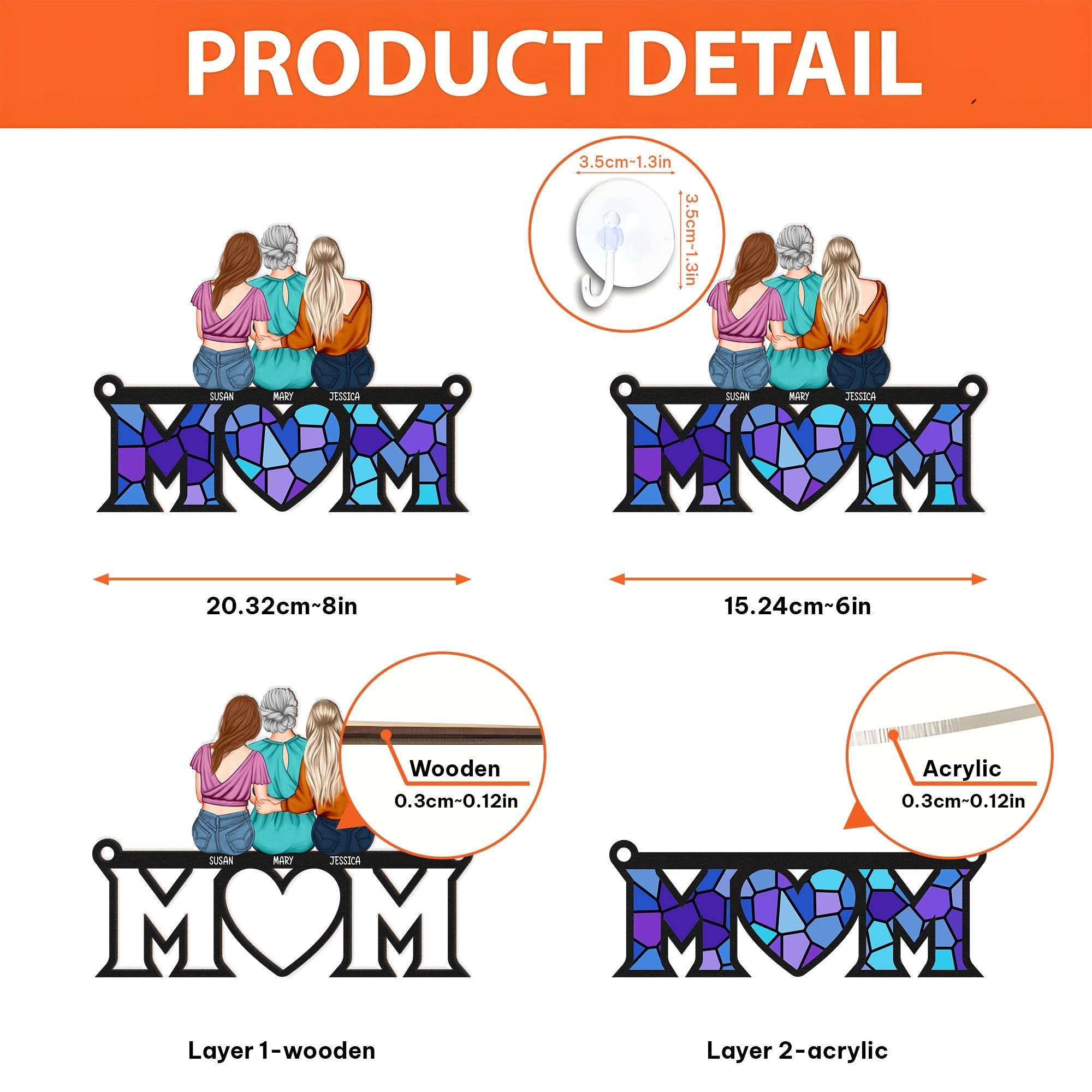 Colorful personalized mom suncatcher ornament showcasing family figures and heartfelt design