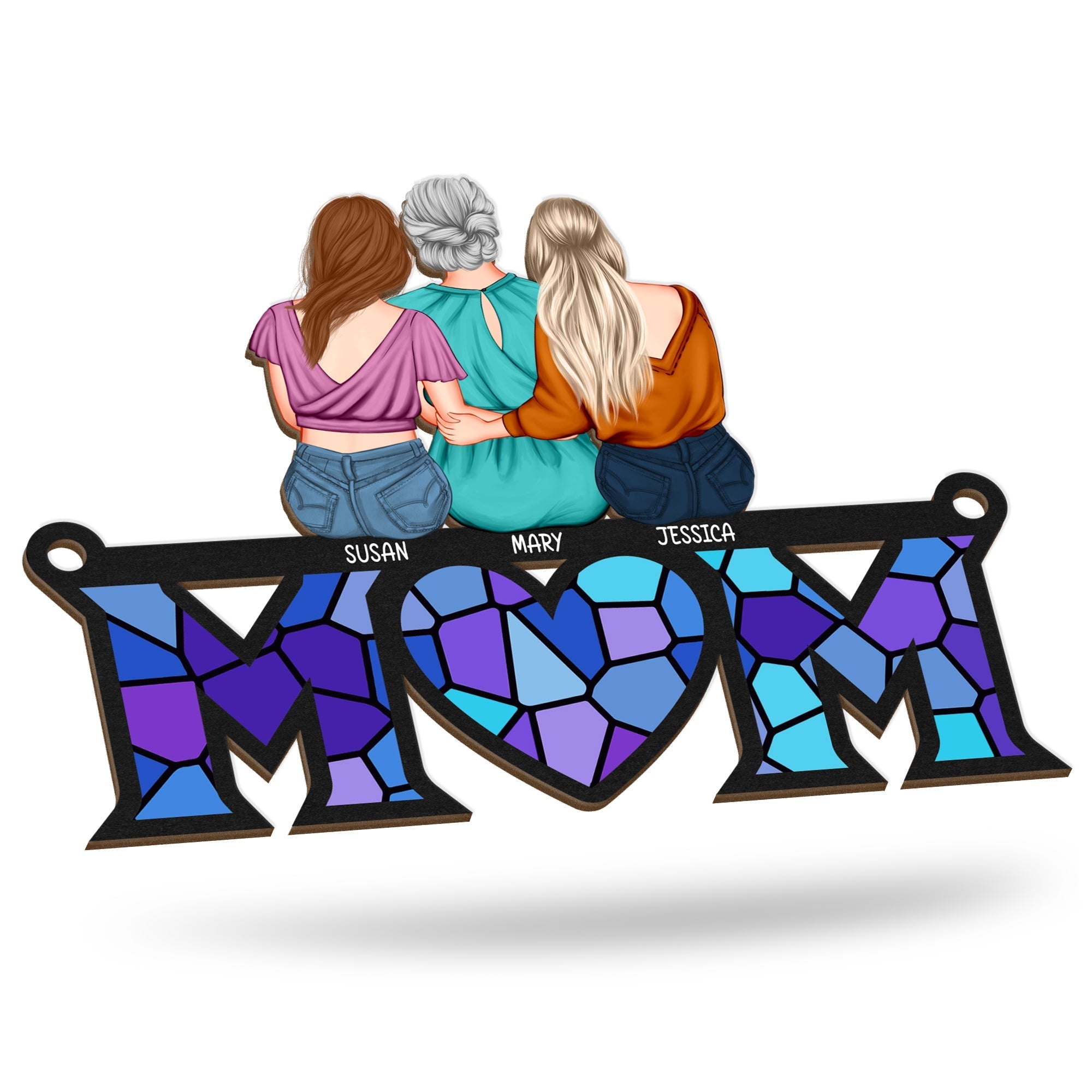 Personalized mom suncatcher ornament featuring three women with colorful hearts and custom names