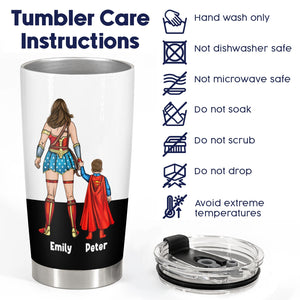 Personalized mom superhero tumbler featuring a woman in a superhero costume with child and care instructions