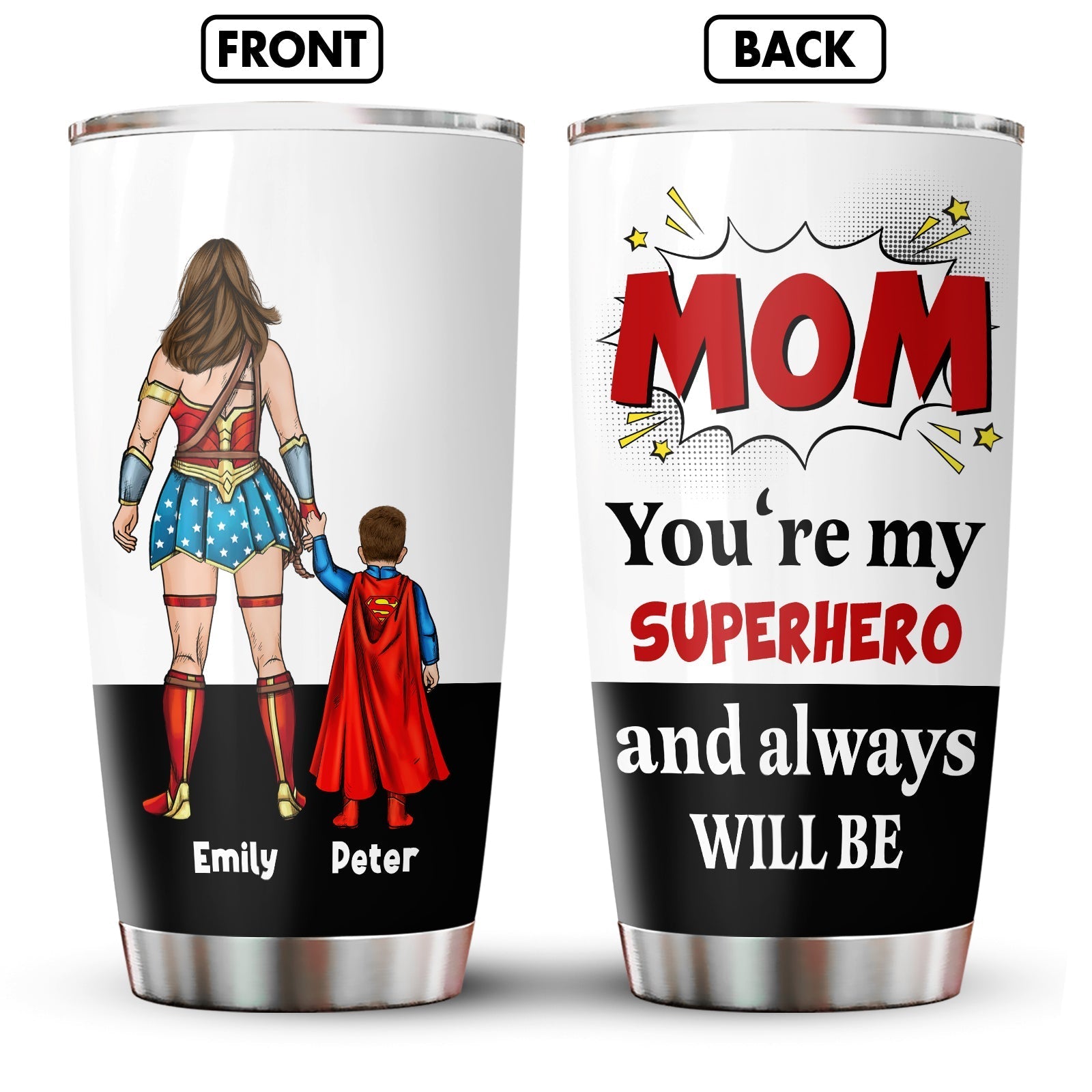Personalized mom superhero tumbler featuring a mother and son in superhero costumes with names Emily and Peter