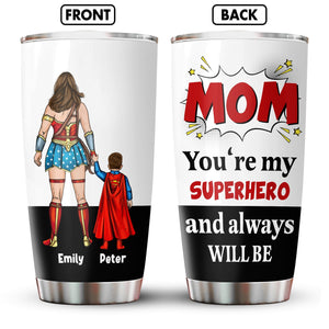 Personalized mom superhero tumbler featuring a mother and son in superhero costumes with names Emily and Peter