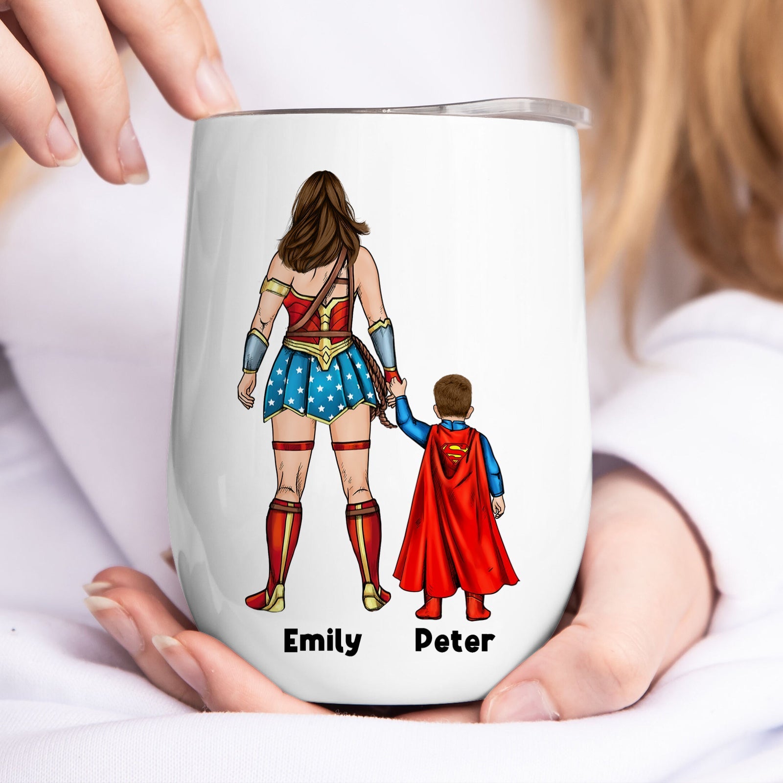 Personalized mom superhero tumbler featuring a superhero mom and child design