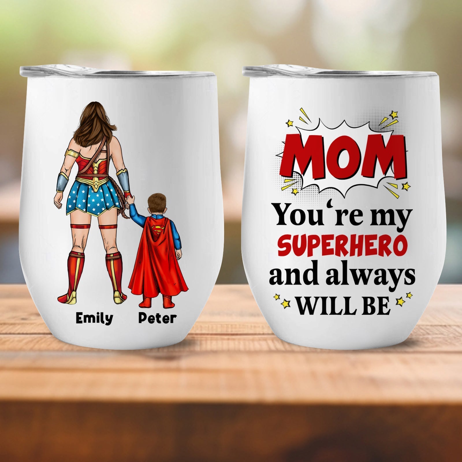 Personalized mom superhero tumbler featuring a superhero design and custom names for unique gifting