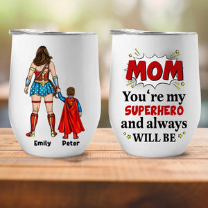 Personalized mom superhero tumbler featuring a superhero design and custom names for unique gifting