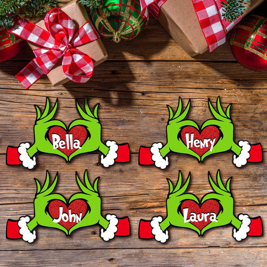 Personalized monster family Christmas ornament set with green hands forming hearts and names Bella Henry John Laura