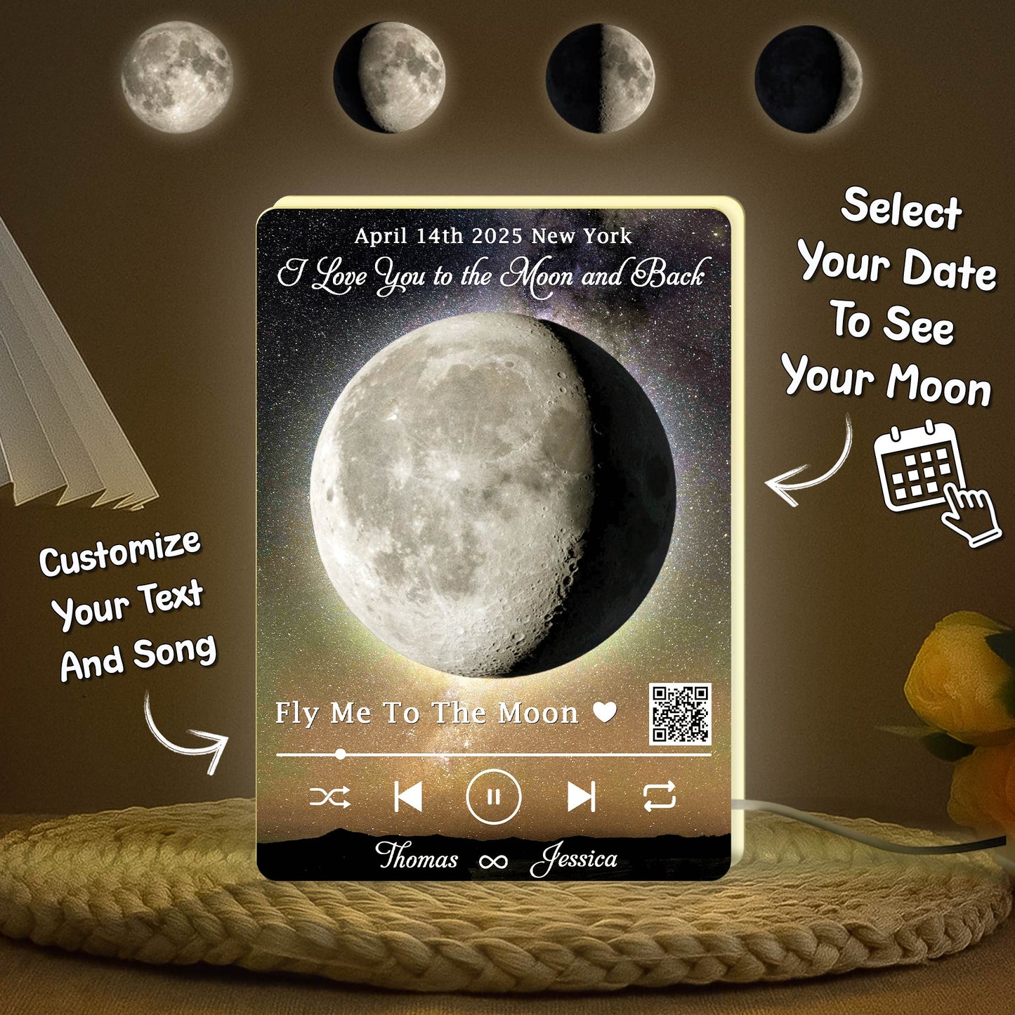Personalized moon light box for couples featuring a customizable date and song option
