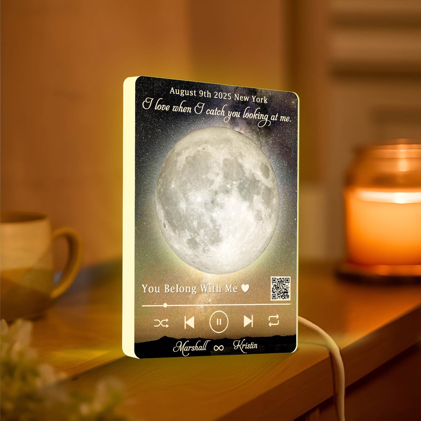 Personalized moon light box for couples displaying a full moon with romantic text and a date