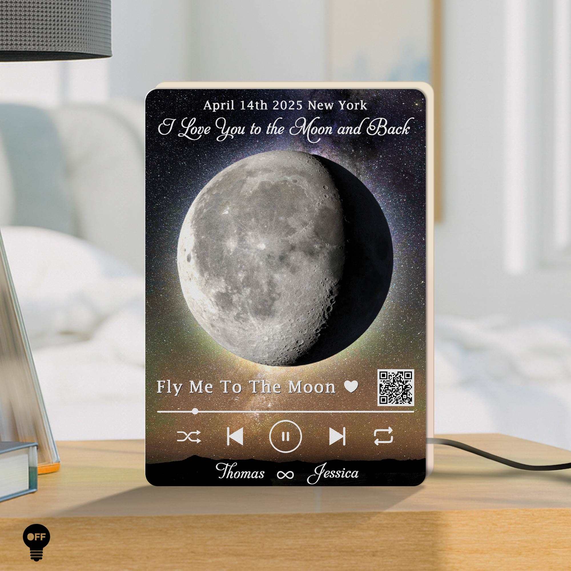 Personalized moon light box for couples displaying a romantic message and memorable date