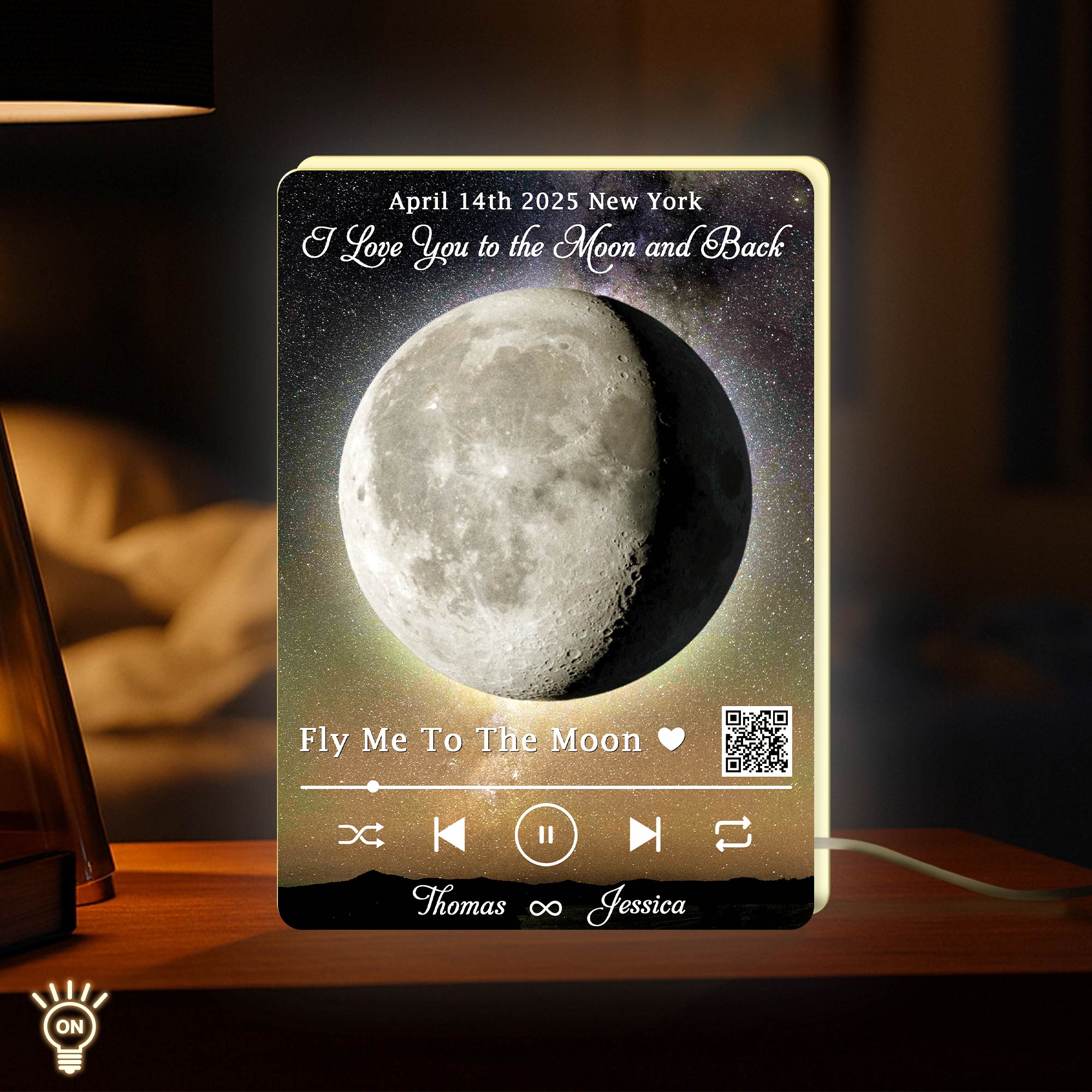 Personalized moon light box for couples featuring a romantic quote and date in a unique design