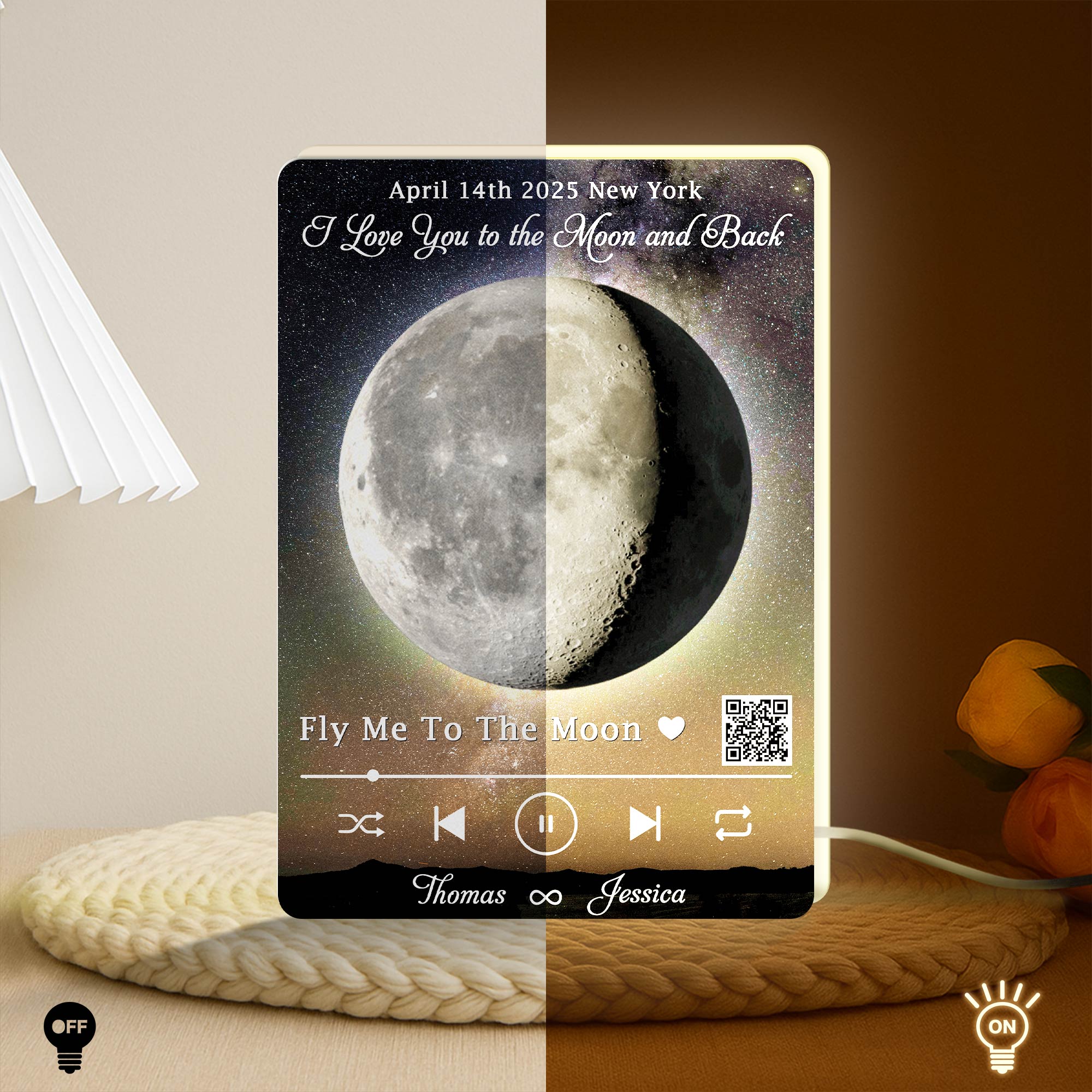 Personalized moon light box for couples with custom names and message displayed on a celestial design