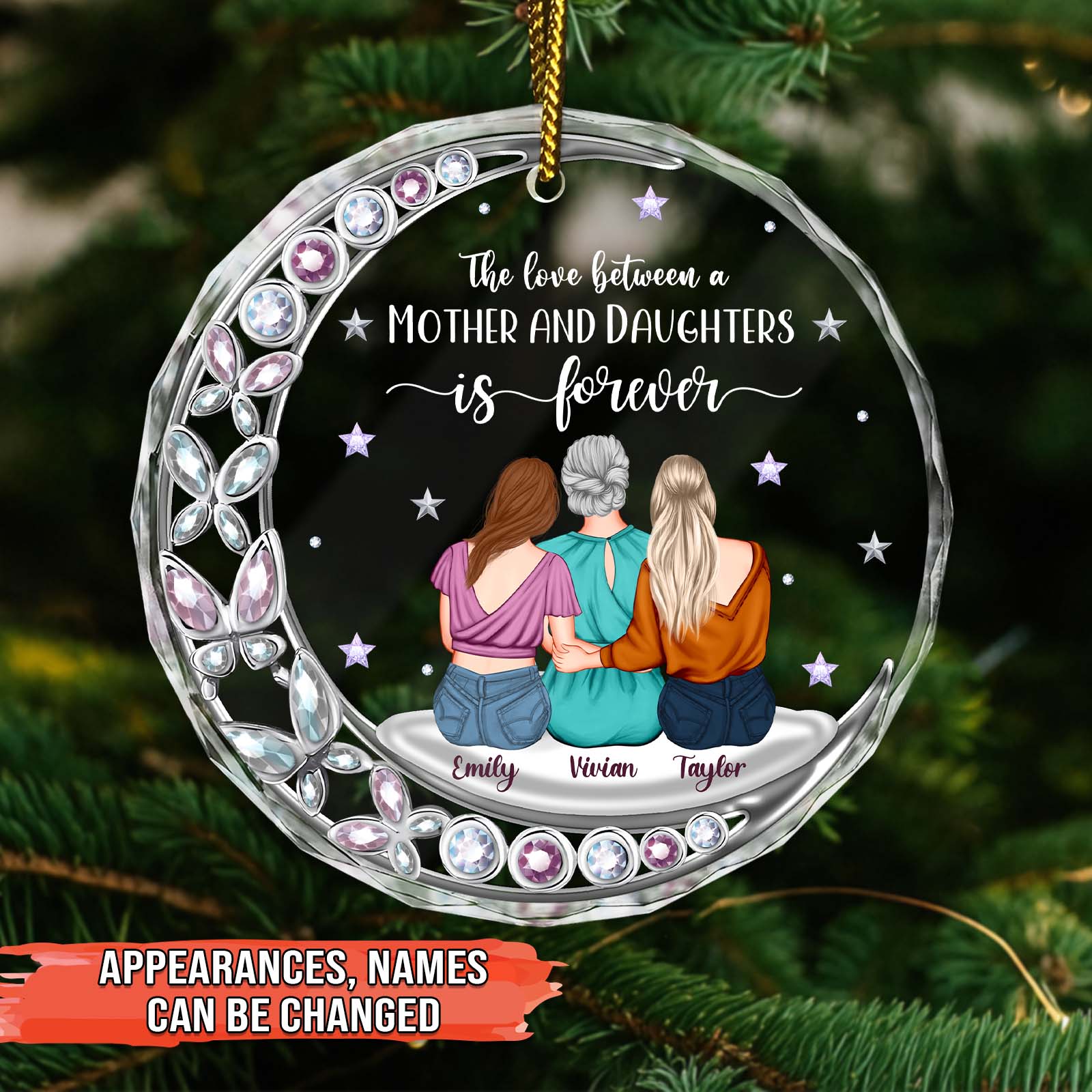 Personalized mother and daughter ornament featuring three women with customizable names and appearances