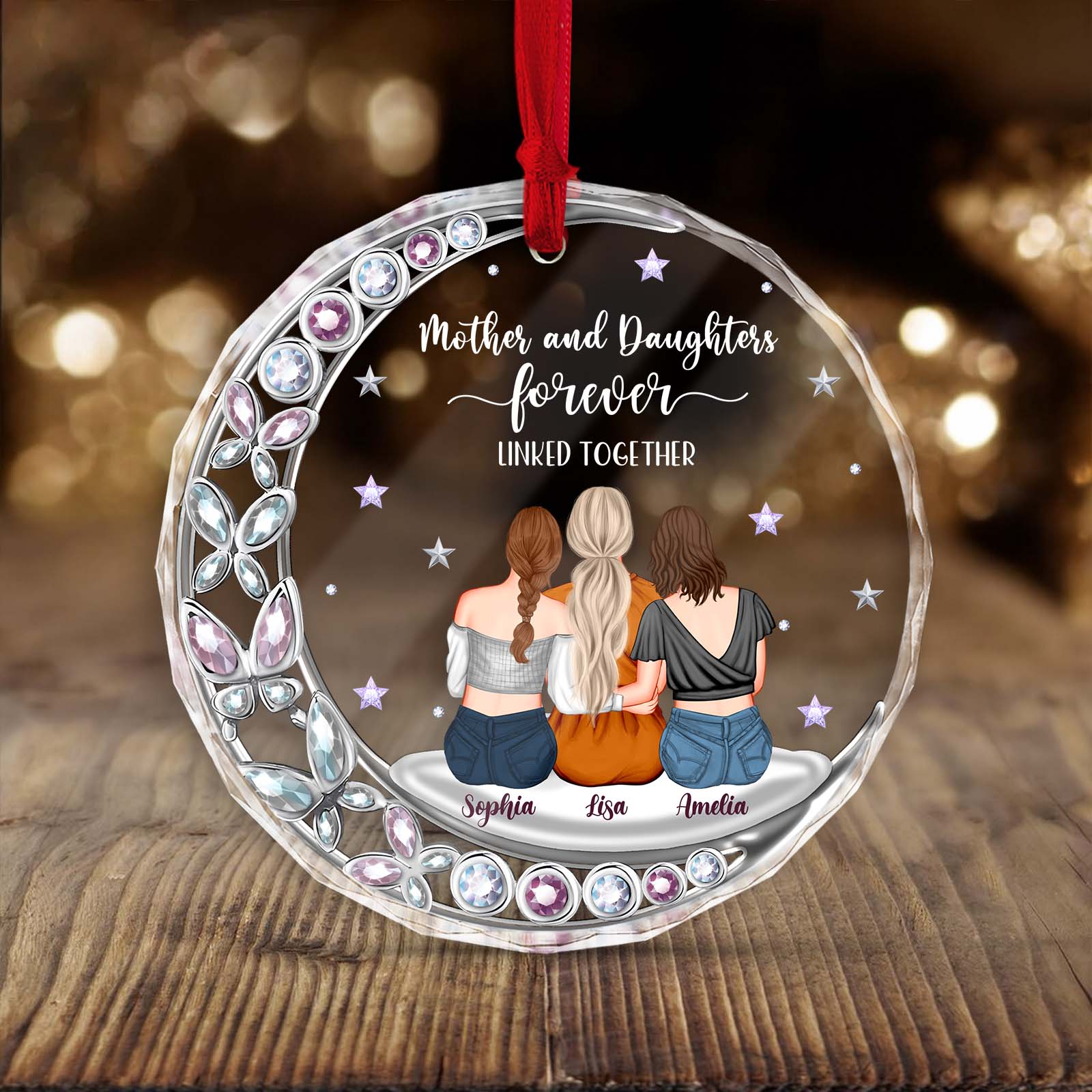 Personalized mother and daughter ornament featuring three women with customizable names on a decorative moon