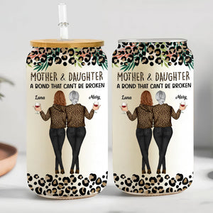 Personalized mother daughter glass can featuring a touching message and stylish design with a leopard print pattern