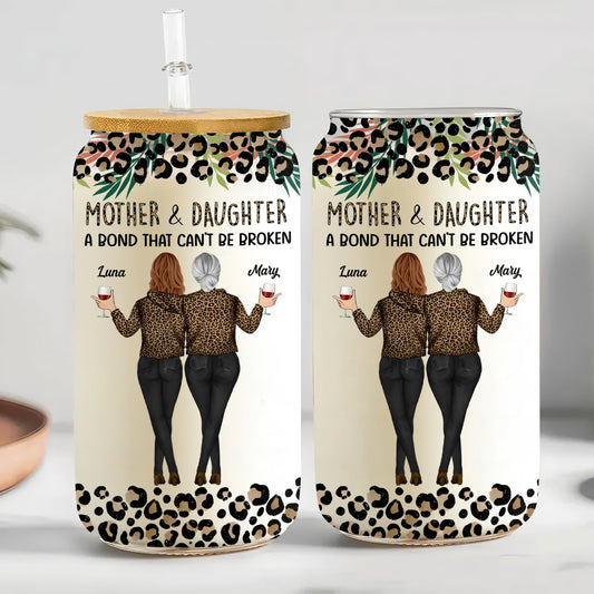 Personalized mother daughter glass can featuring a touching message and stylish design with a leopard print pattern