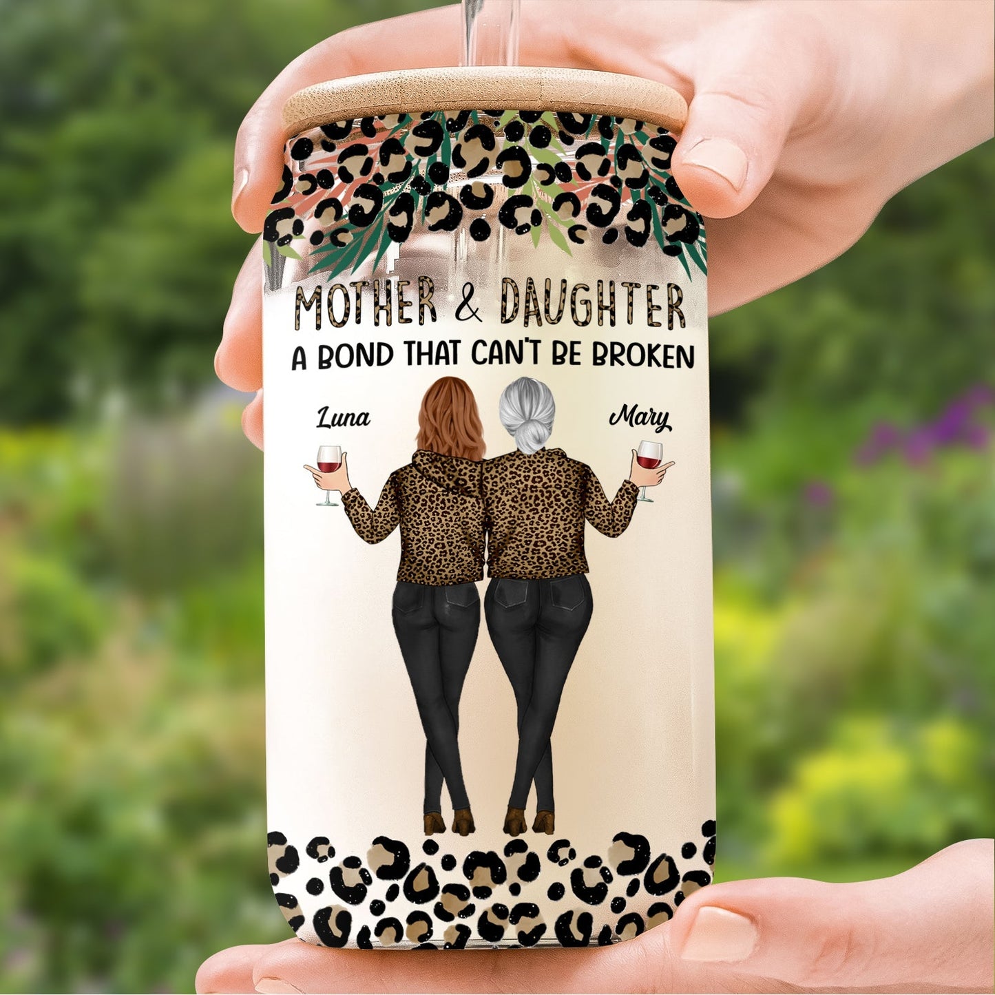 Personalized mother daughter glass can featuring two women celebrating their strong bond with a stylish design