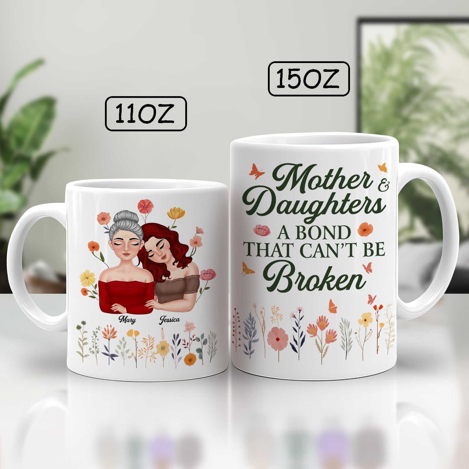Personalized mother daughter mug featuring floral design and heartfelt message for strong bonds