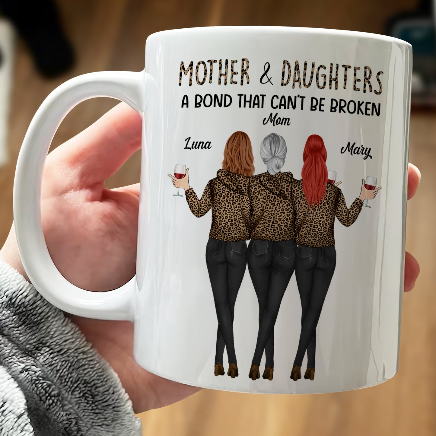 Personalized mother daughter mug featuring three women in matching outfits holding drinks with the text about their bond