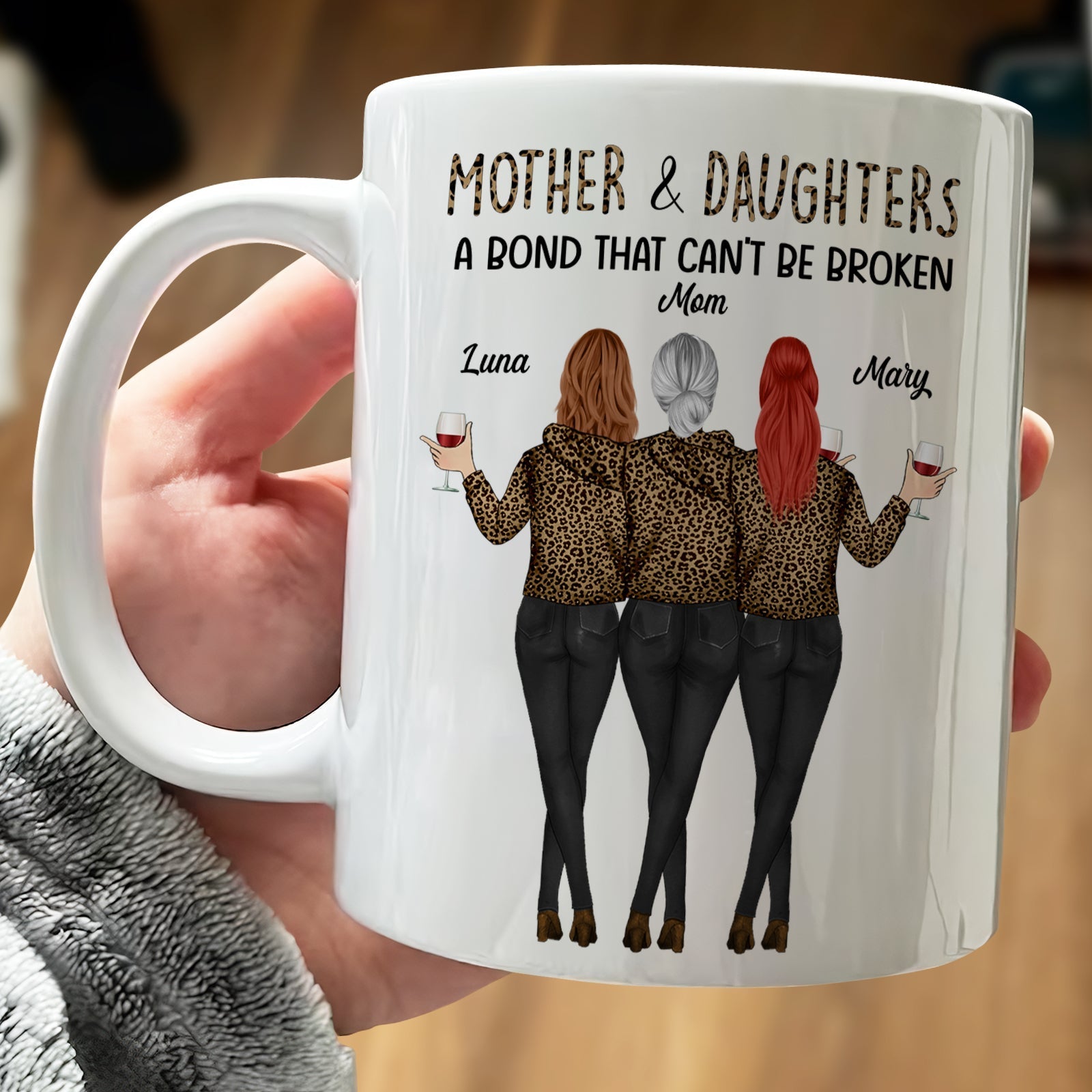 Personalized mother daughter mug featuring three women in matching outfits holding drinks with the text about their bond