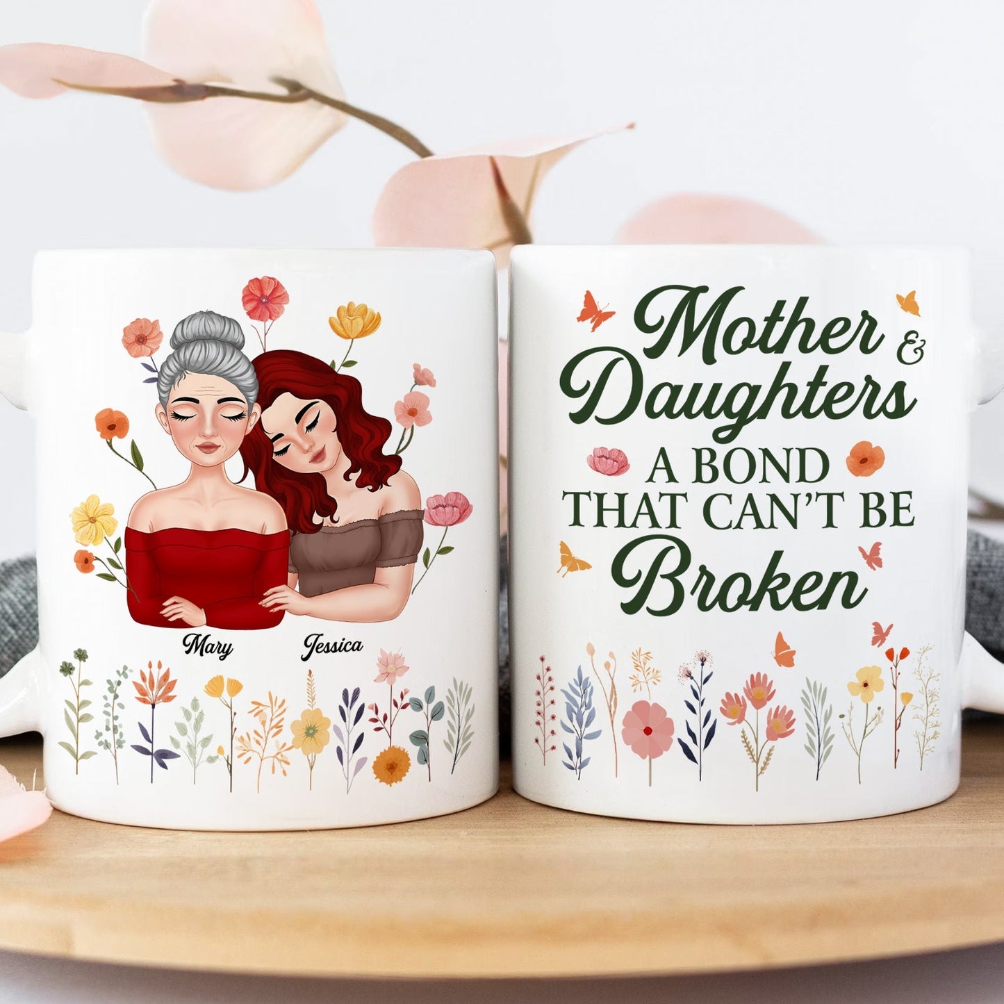 Personalized mother daughter mug featuring floral design and customizable names for a unique gift