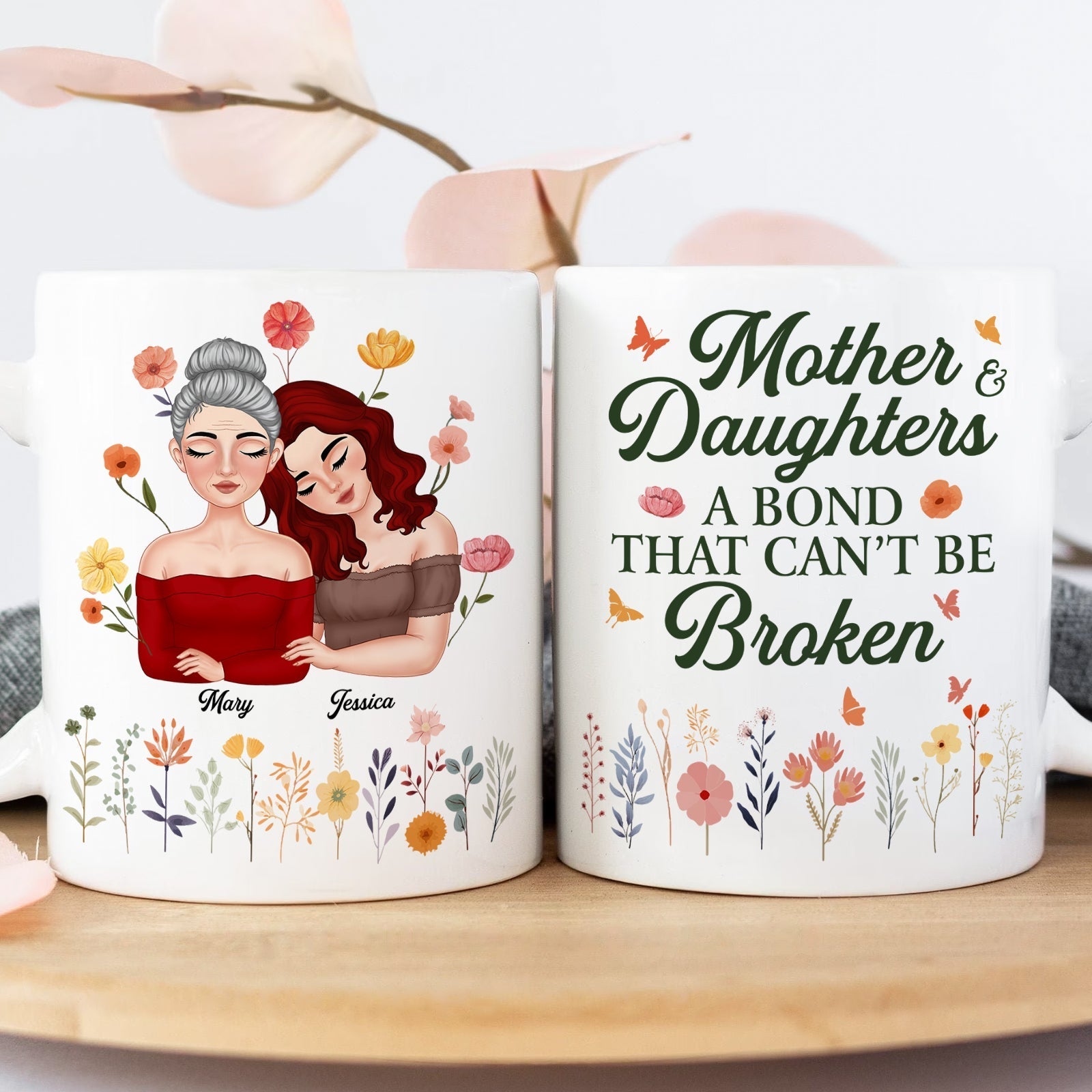 Personalized mother daughter mug featuring floral design and customizable names for a unique gift