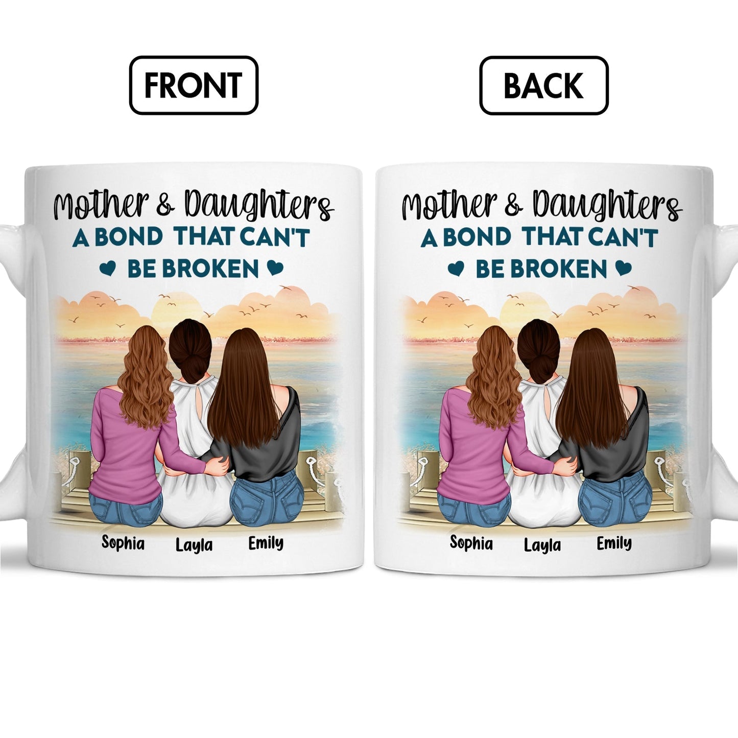 Personalized mother daughter mug featuring names and a scenic view, celebrating the bond between mothers and daughters