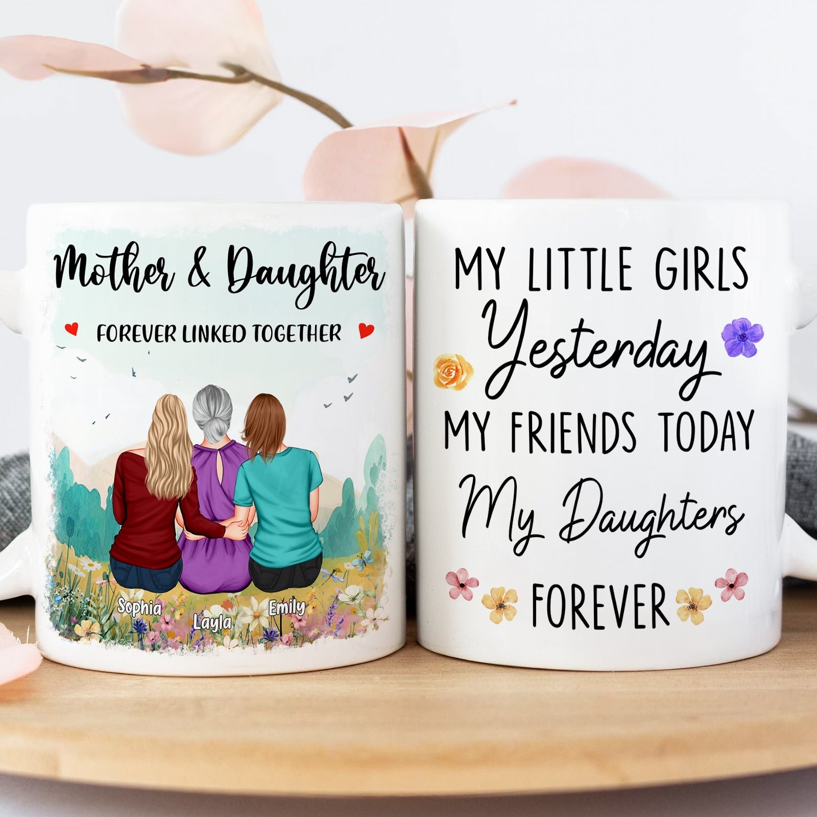 Personalized mother daughter mug featuring heartfelt messages and a touching illustration of two women and a child